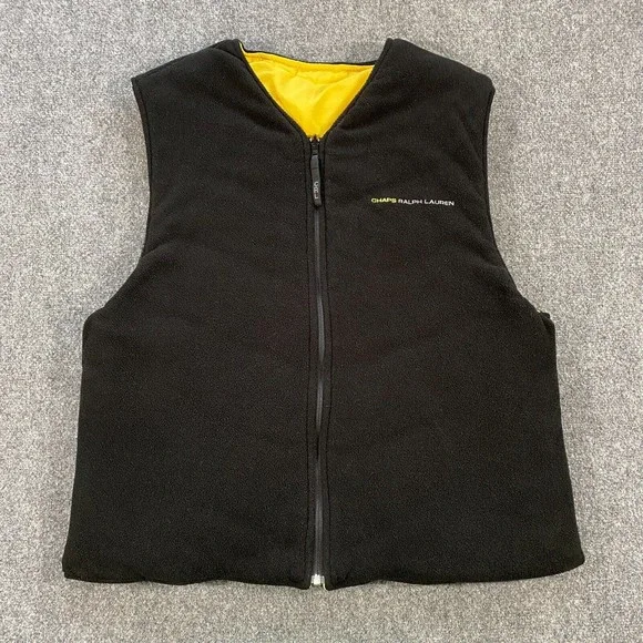 VINTAGE Chaps Ralph Lauren Reversible Vest Jacket Adult XL Black Yellow Fleece - Picture 7 of 11